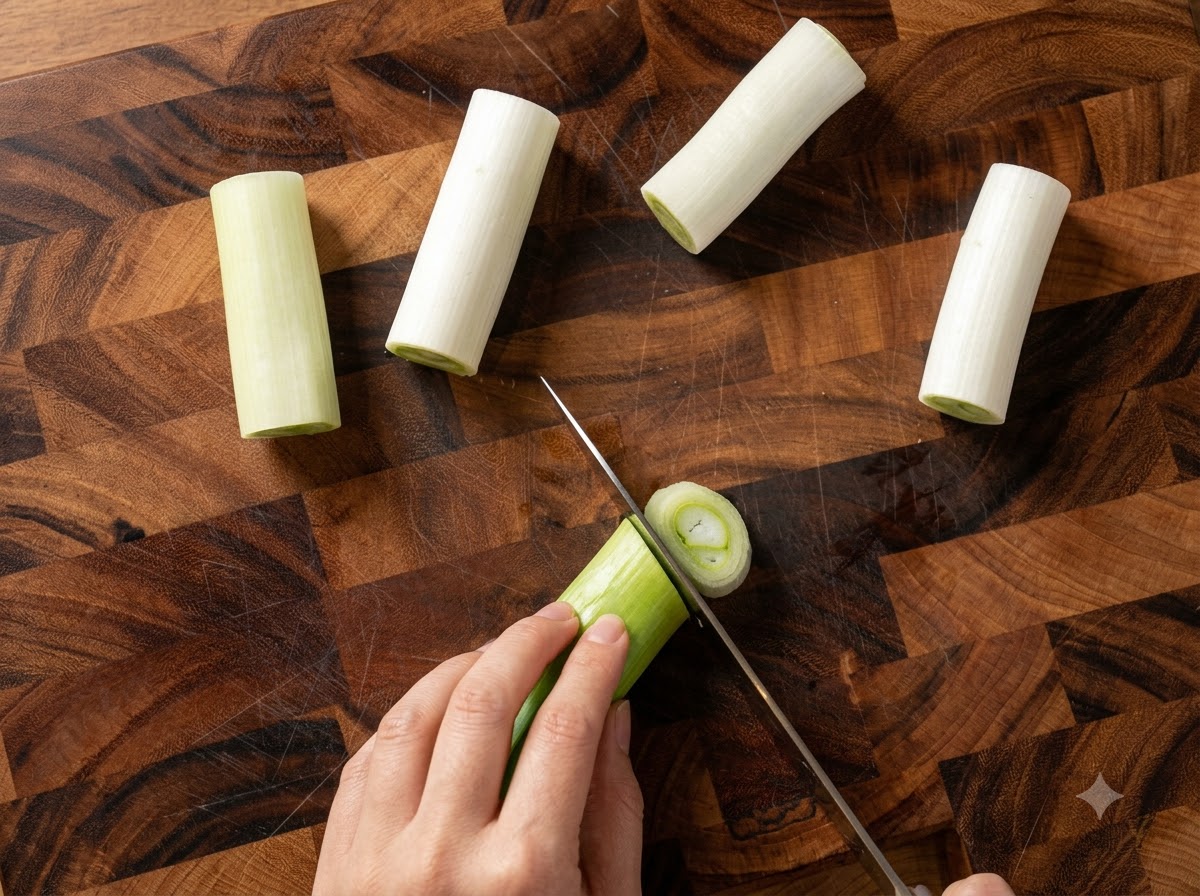 A kitchen knife slicing a thick green onion stem into cylindrical pieces on a wooden cutting board.