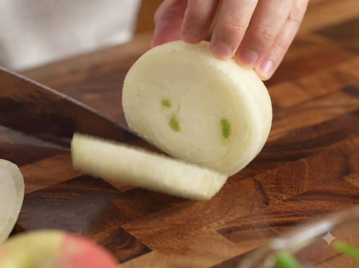 A chefs knife slicing a whole white onion into thick, even rounds on a wooden board.
