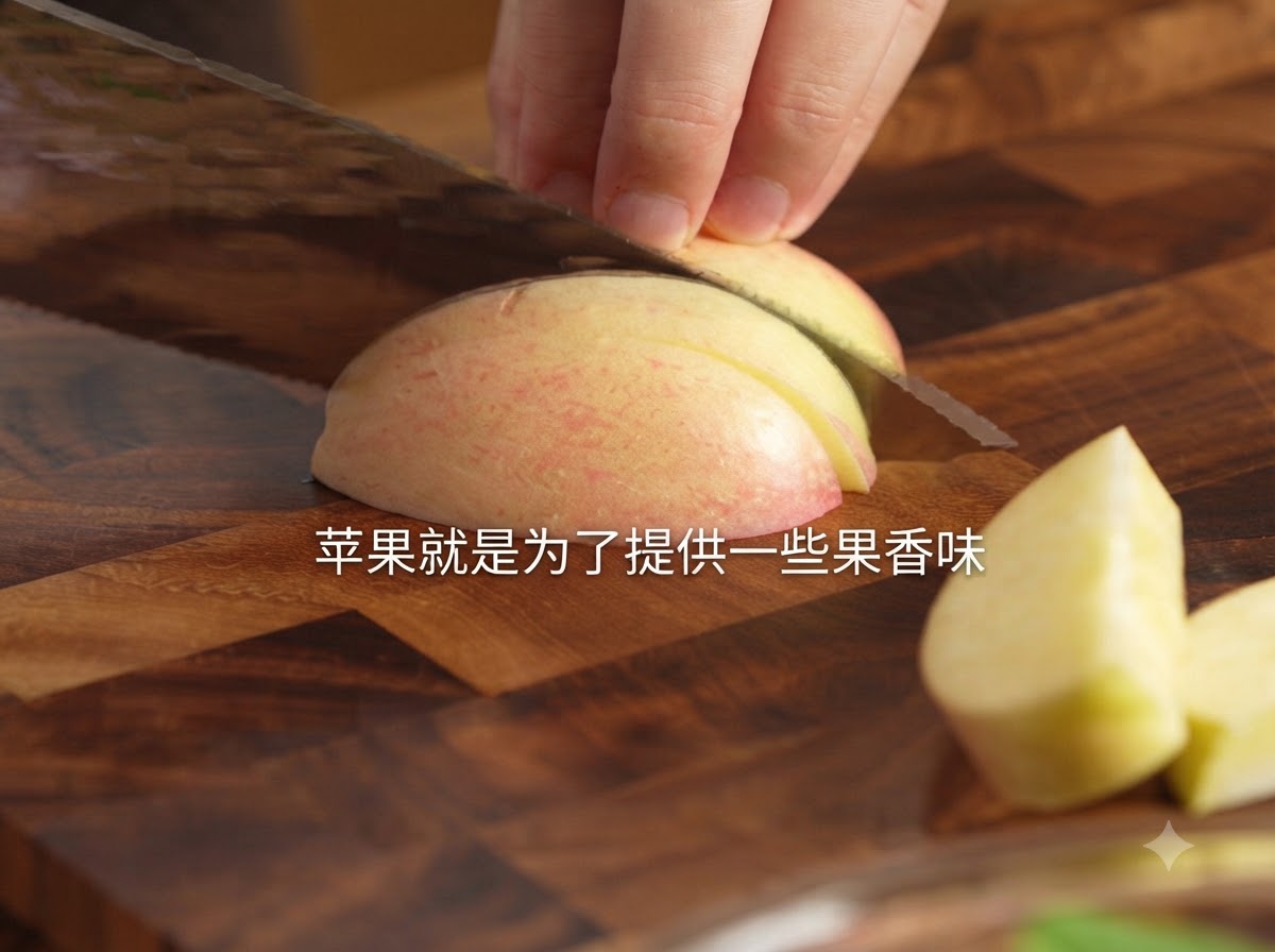 A knife cutting a fresh apple into neat wedges on a wooden cutting board with descriptive text overlay.