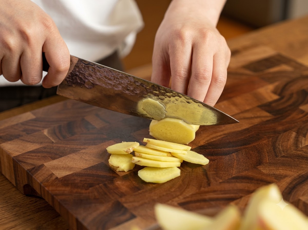 A hand holding a knife to slice fresh ginger root into thin rounds on a wooden cutting board.