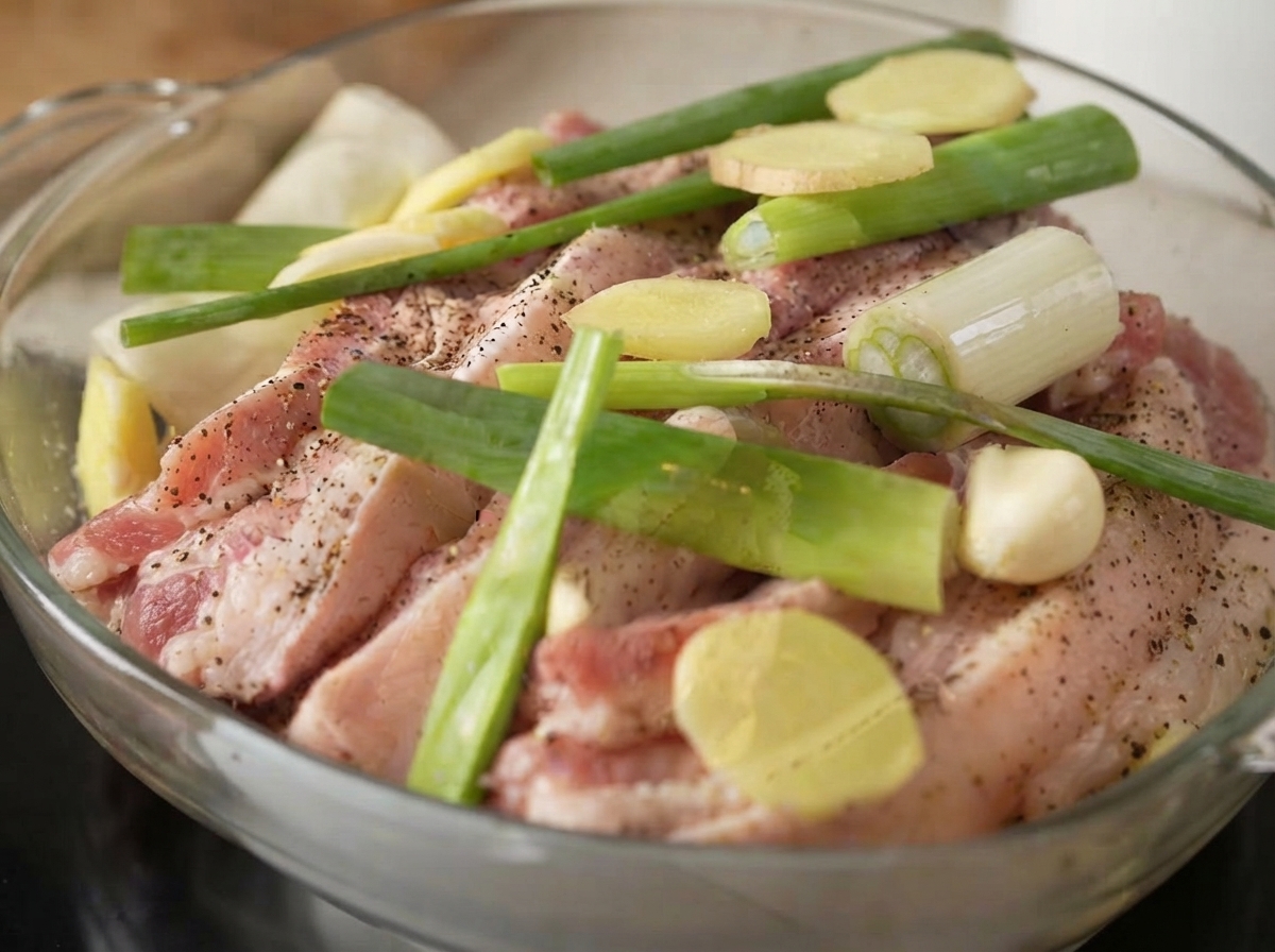 Close-up of raw pork belly strips topped with green onion sections, ginger slices, and peeled garlic cloves.