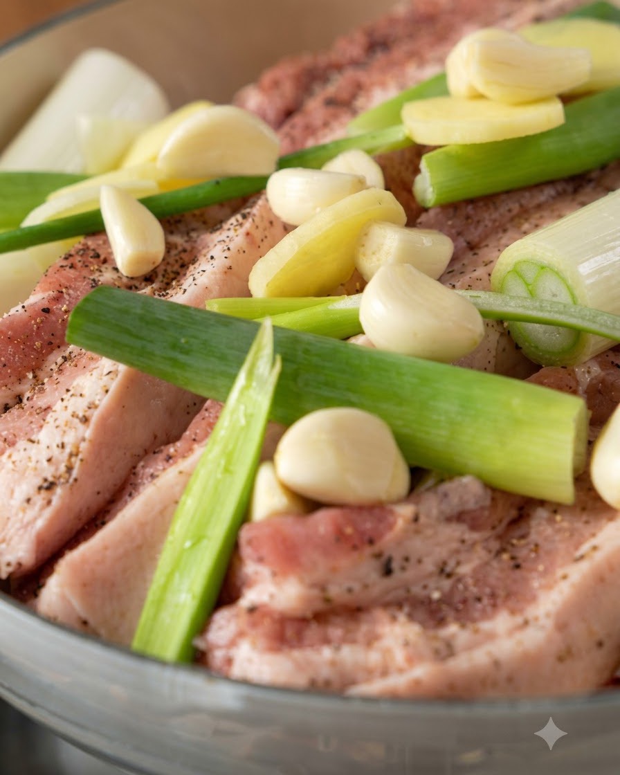 A hand holding a bottle, drizzling rice wine over the layered pork belly and aromatics inside a pot.