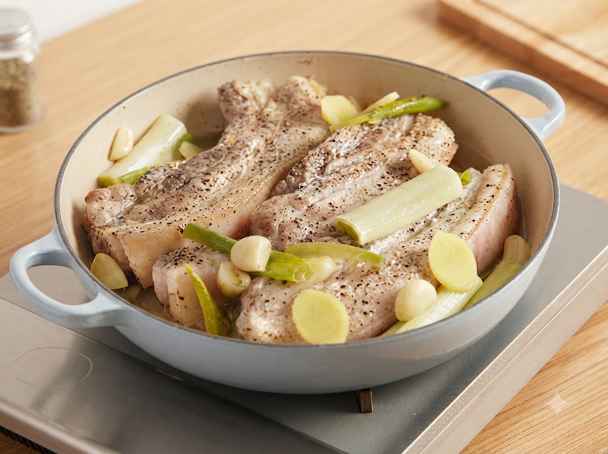 Tongs flipping partially cooked pork belly slices inside a pot filled with bubbling vegetable juices.