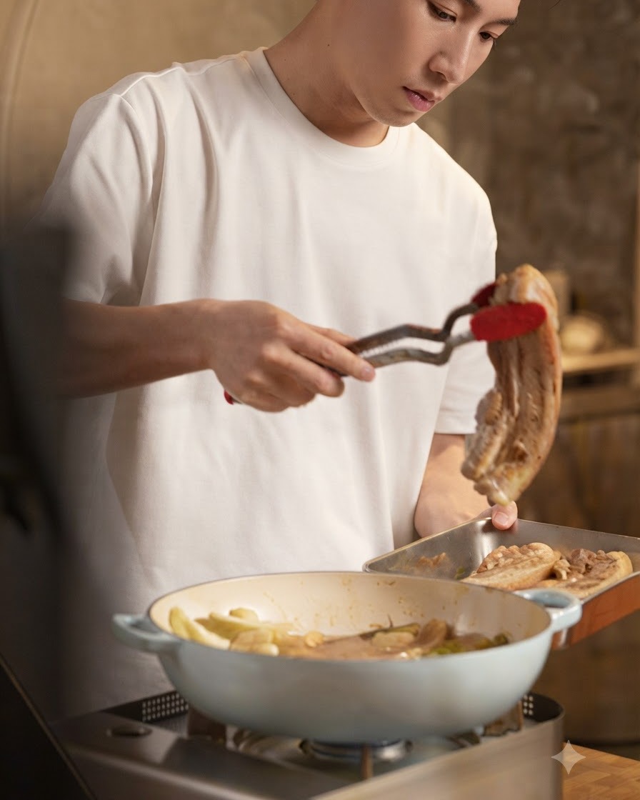 A person using tongs to remove cooked vegetable pieces from the pot into a side tray.