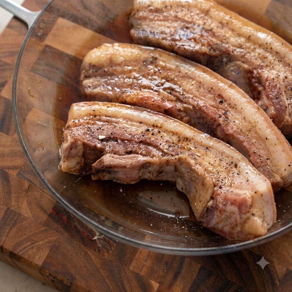 Pork belly strips seasoned with black pepper resting in a clear glass bowl.