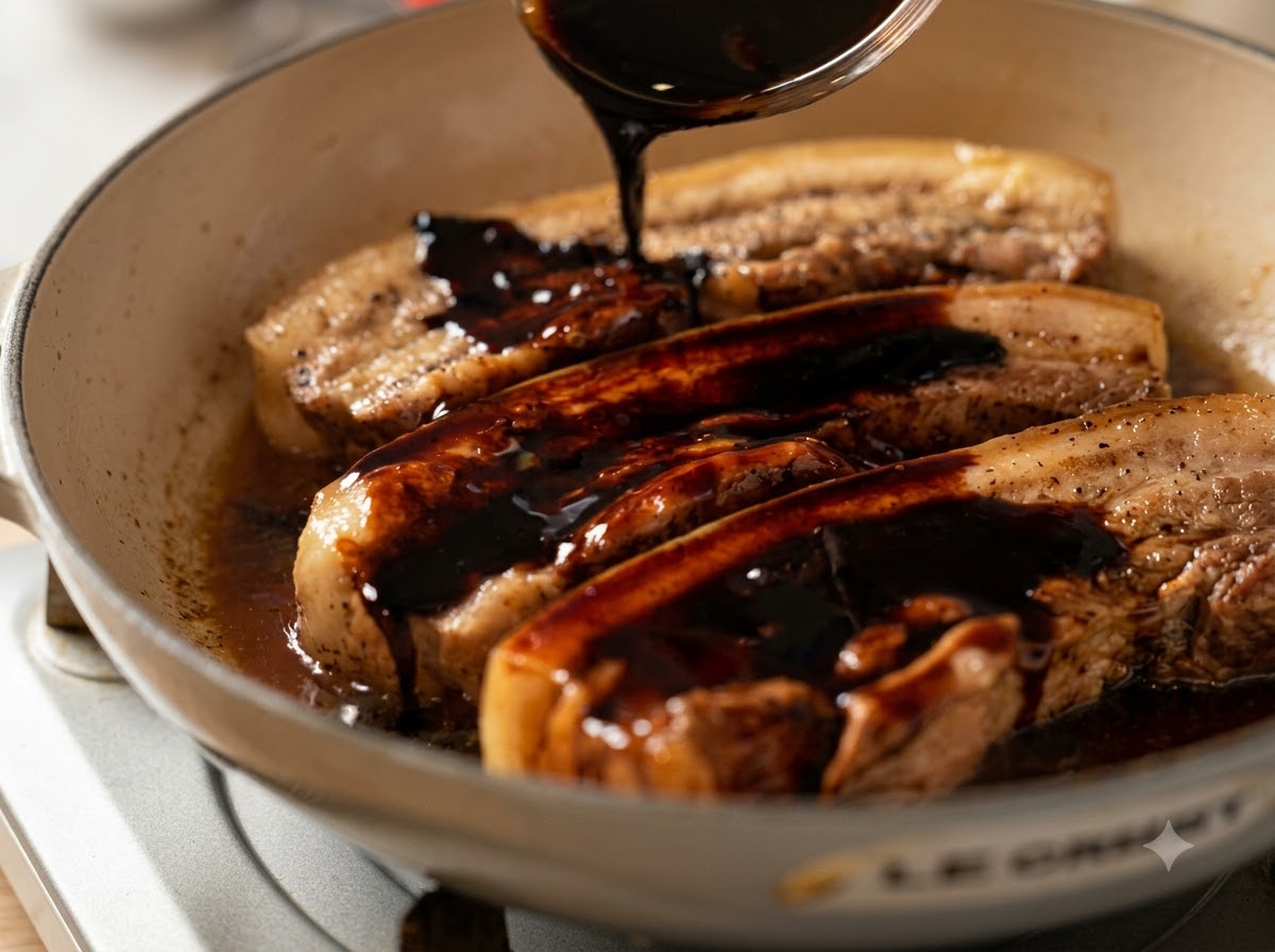 Dark sauce being poured from a spoon over pork belly strips cooking in a pot.