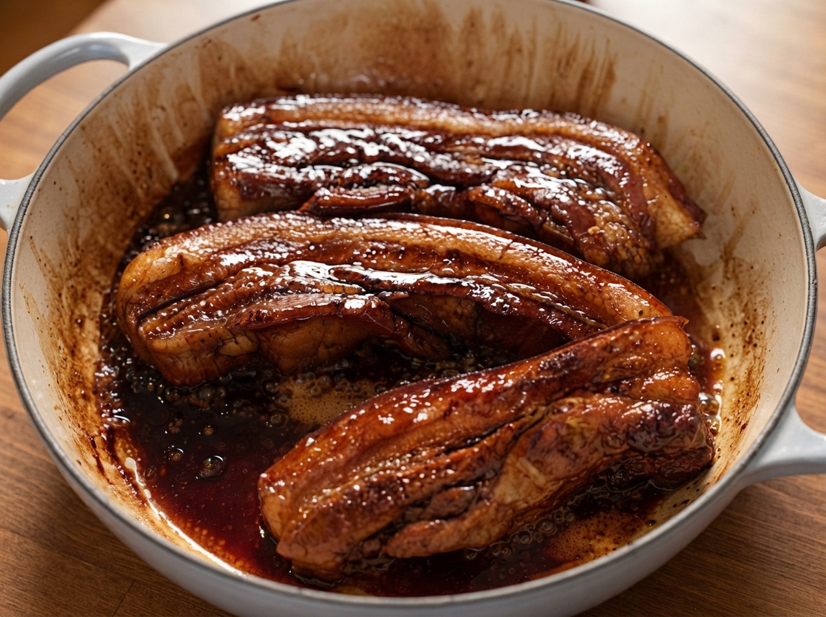 Pork belly strips being turned in a reducing dark glaze inside a pot.