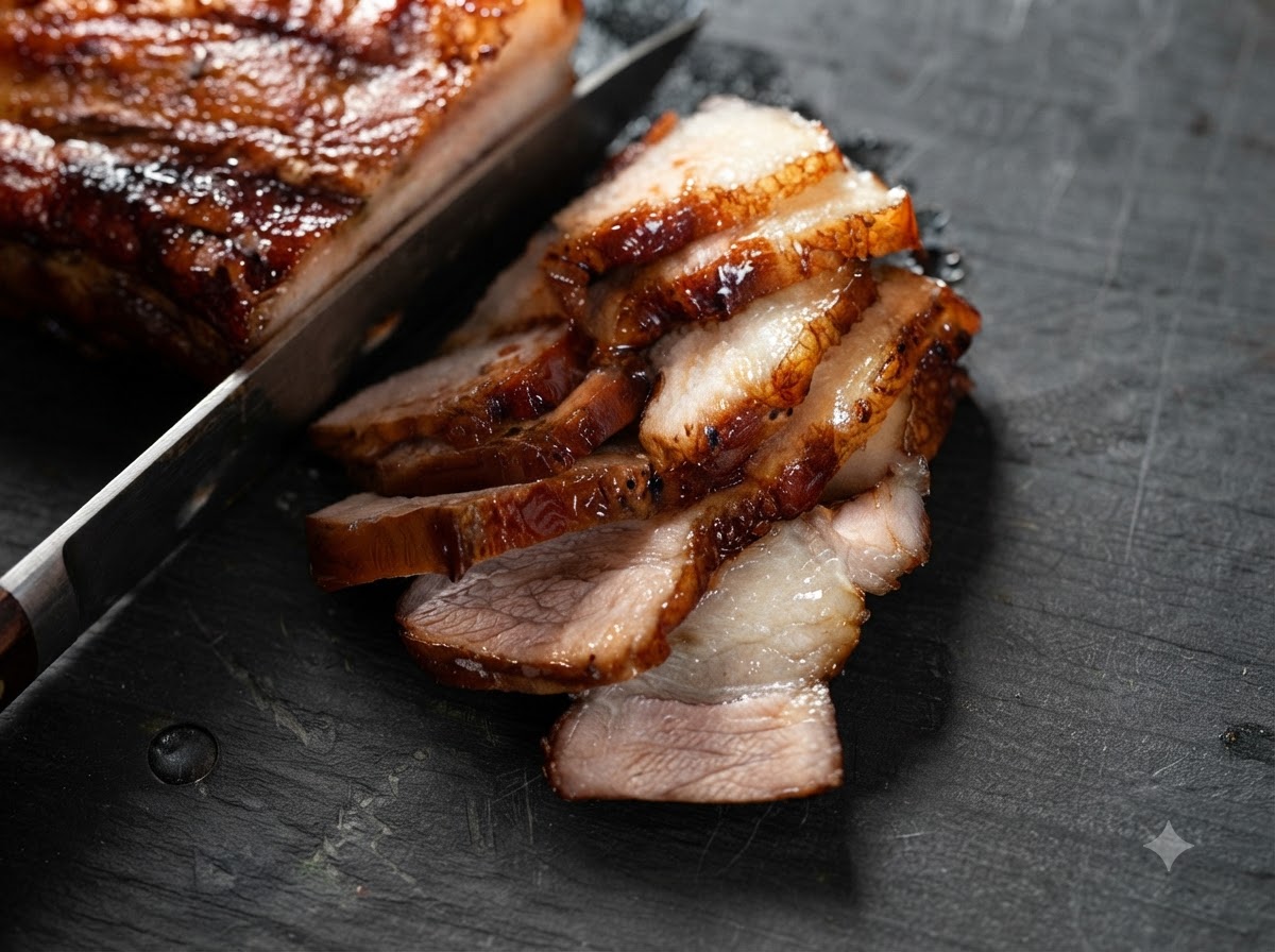 Cooked pork belly being sliced into thin strips on a cutting board with a knife.