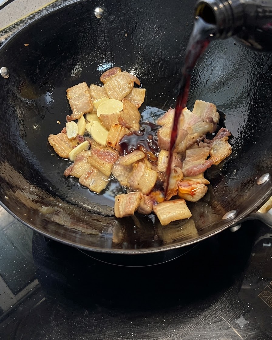 Soy sauce being poured from a bottle over pork belly and garlic in a wok.