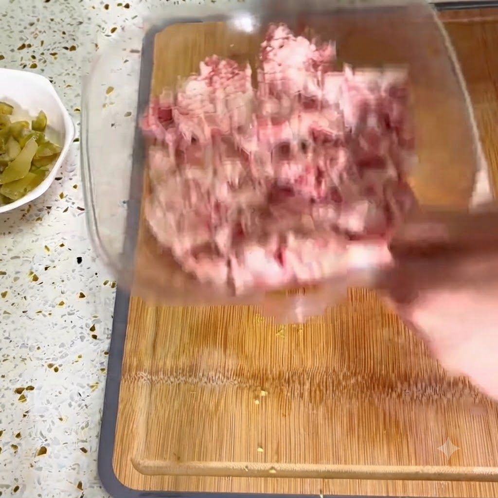 Finely chopped ginger being added into a clear glass bowl filled with ground meat on a wooden cutting board.
