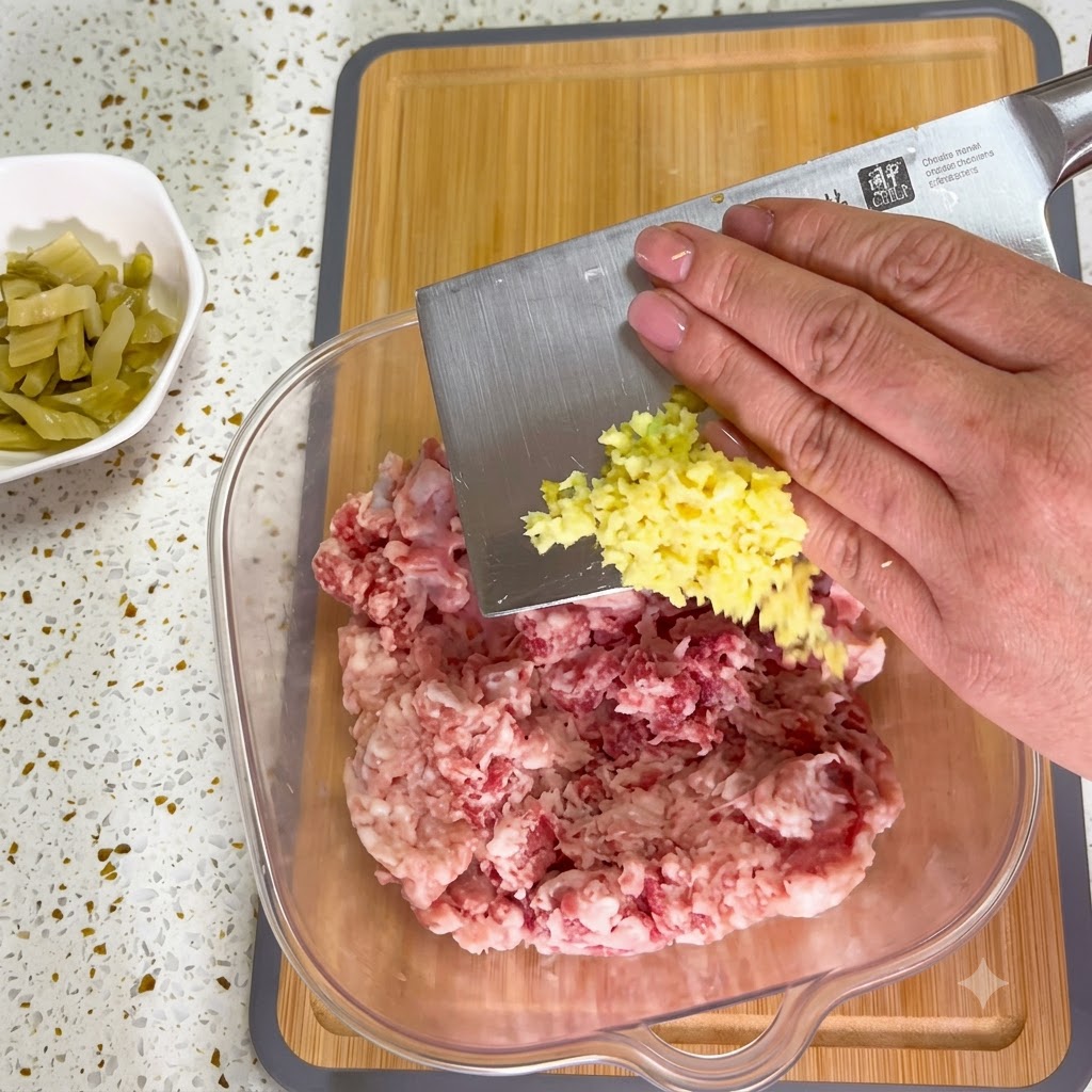 Fresh green onions being chopped into small pieces on a kitchen tray.