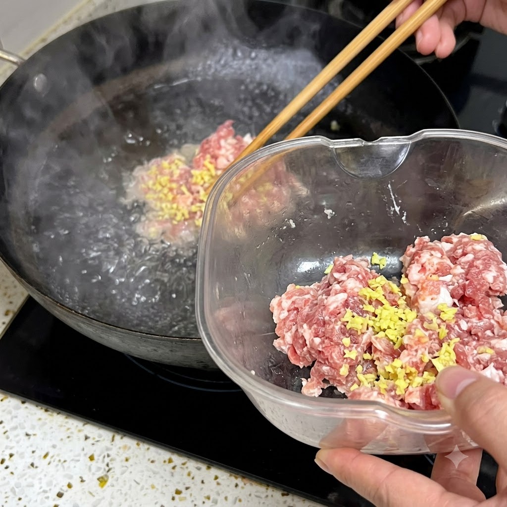 Minced meat with ginger being added into boiling water in a black wok using wooden chopsticks.