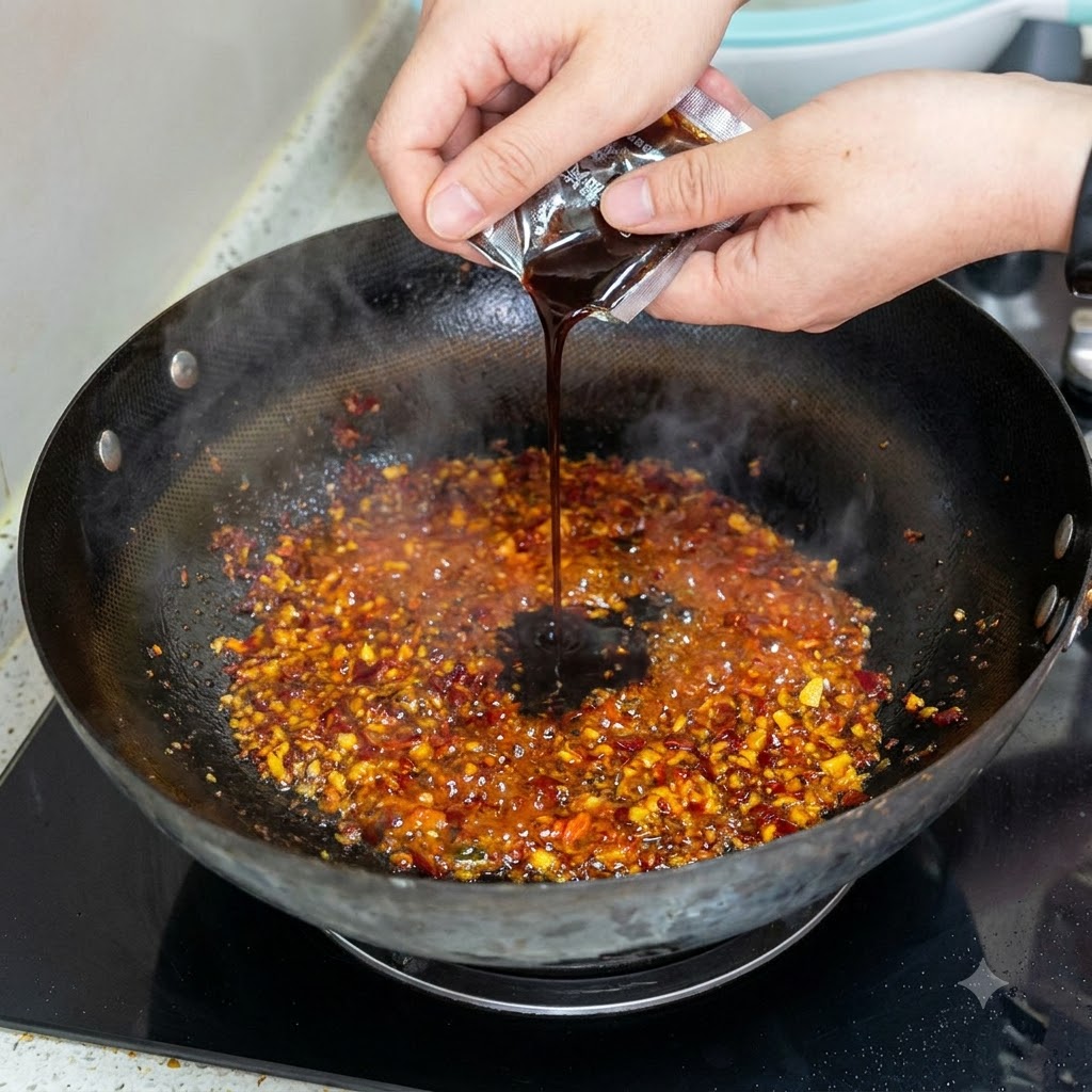 Sweet bean sauce being poured from a packet into a sizzling chili and oil mixture in a black wok.