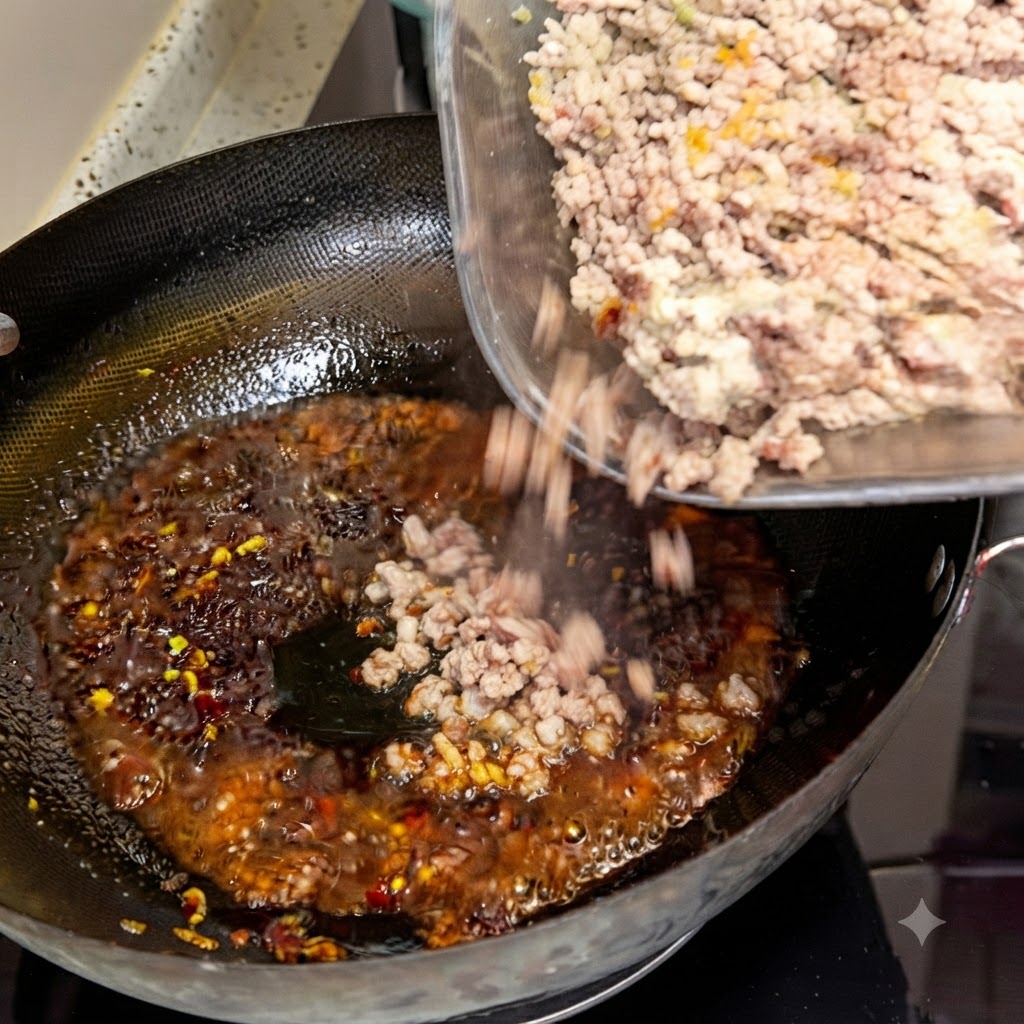 Blanched minced meat being poured from a glass bowl into a wok filled with red seasoned oil.