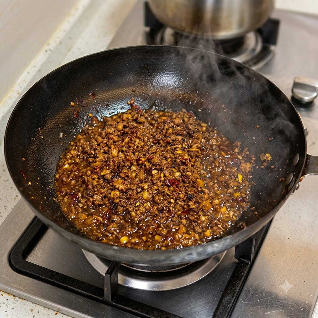 Minced meat stir-frying in a wok with visible steam rising from the hot surface.