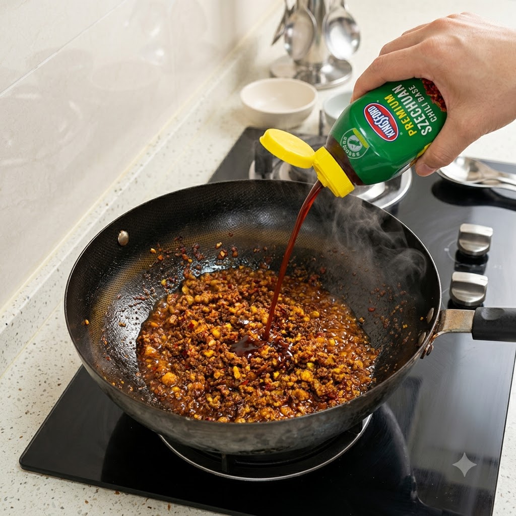 Dark soy sauce being poured from a green squeeze bottle into a wok containing stir-frying meat sauce.
