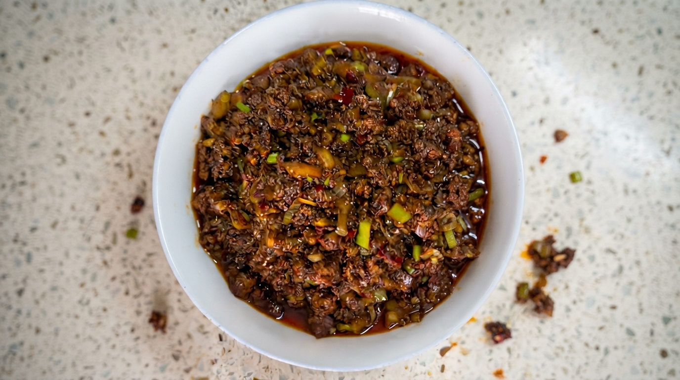 A rich, dark brown meat sauce glistening with chili oil and garnished with green onions
