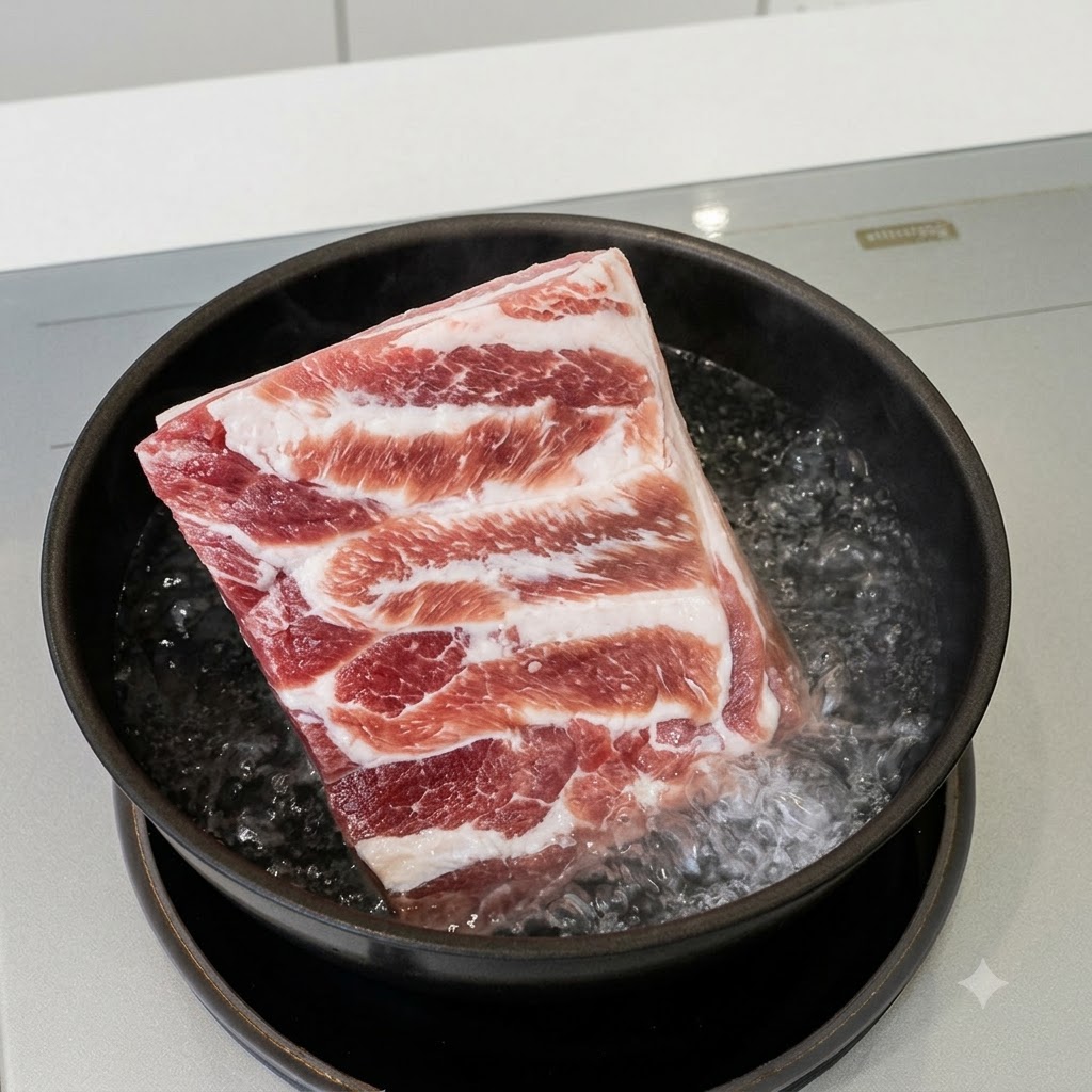 A raw square piece of pork belly boiling inside a shallow black pot filled with bubbling water.