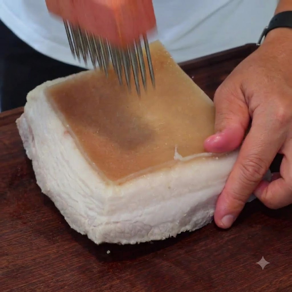 A person holding a wooden-handled meat piercer, repeatedly stabbing the tough skin layer of a pork belly chunk.