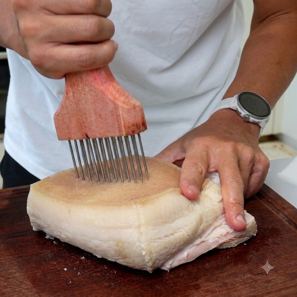 Hands holding a meat-piercing tool over a pork belly block that has been flipped on a wooden surface.