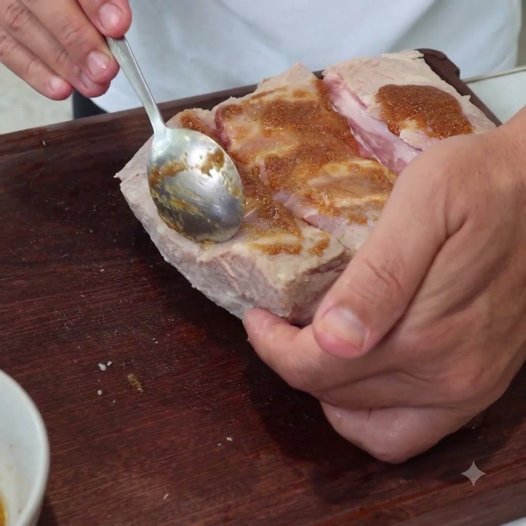 A spoon spreading brown seasoning paste onto the scored surface of a pork belly piece.