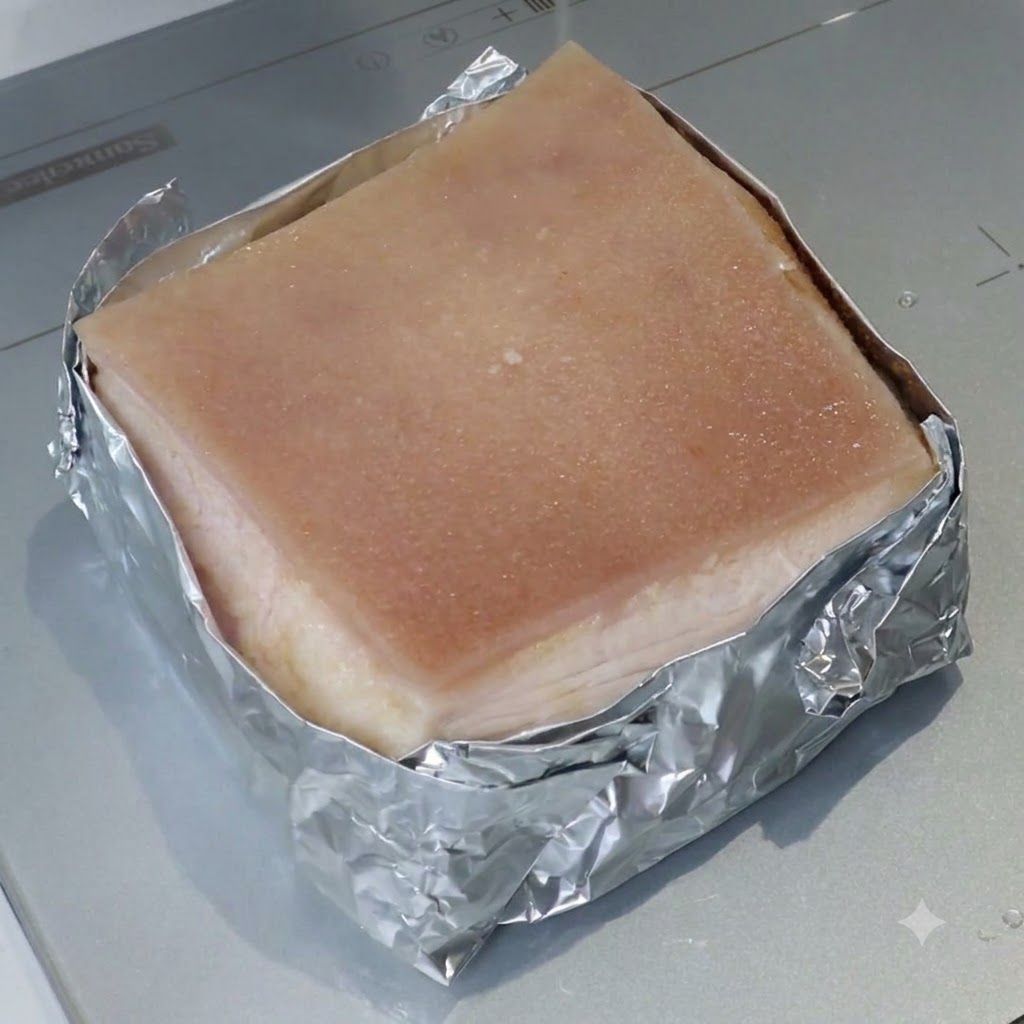 A square block of pork belly wrapped in foil with its top skin brushed with a liquid mixture.