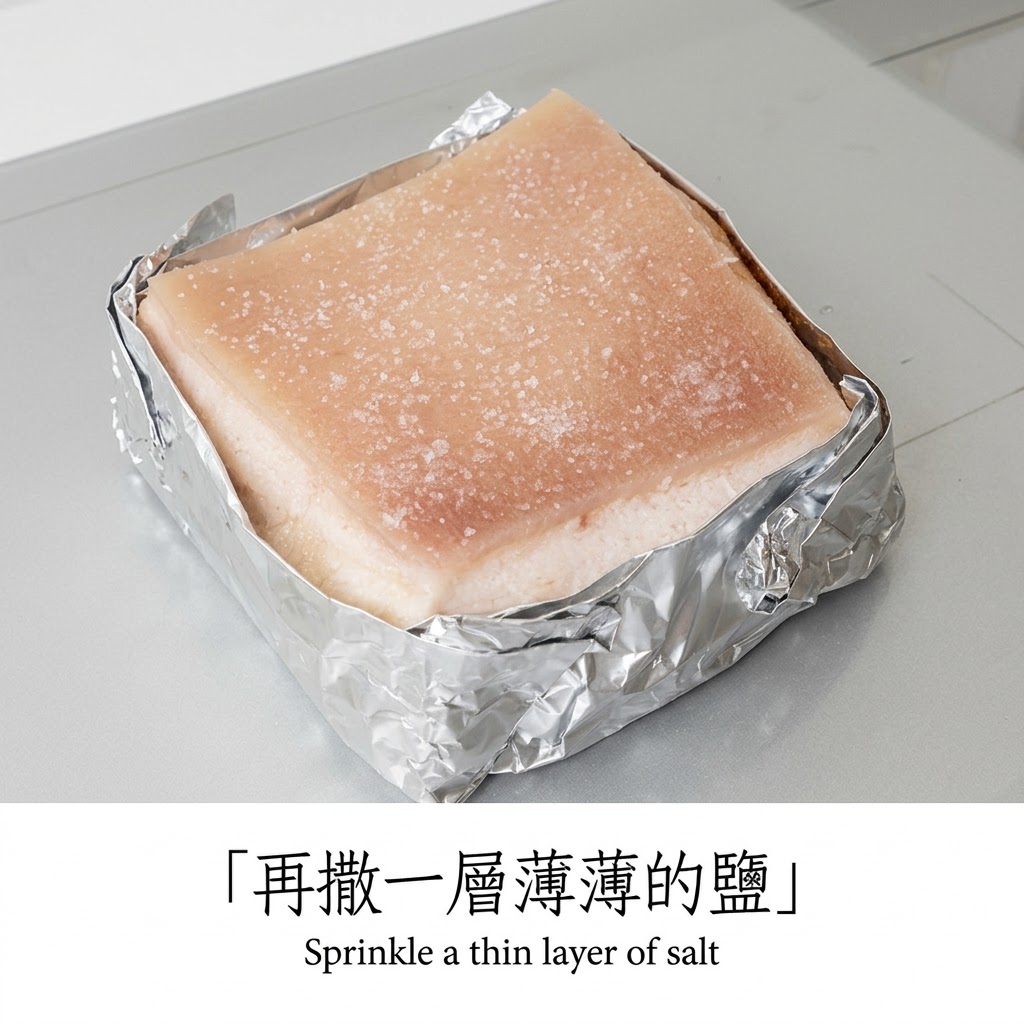 A close-up of a square piece of pork skin wrapped in foil, being evenly coated with a fine layer of coarse salt.