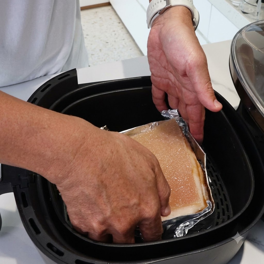 Hands placing a foil-wrapped block of pork belly into the basket of a black air fryer.