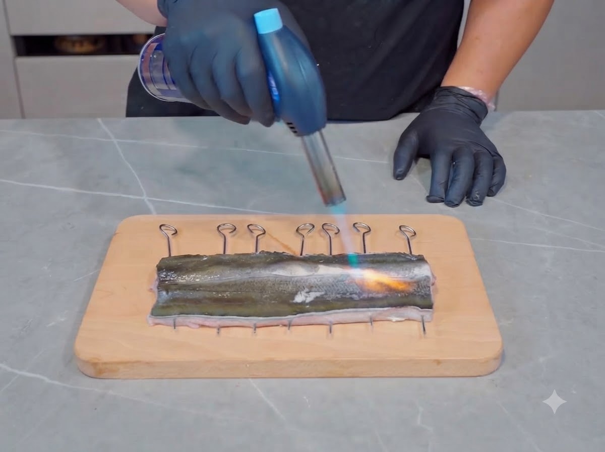 A kitchen torch being applied to the surface of a cleaned eel fillet on a wooden cutting board.