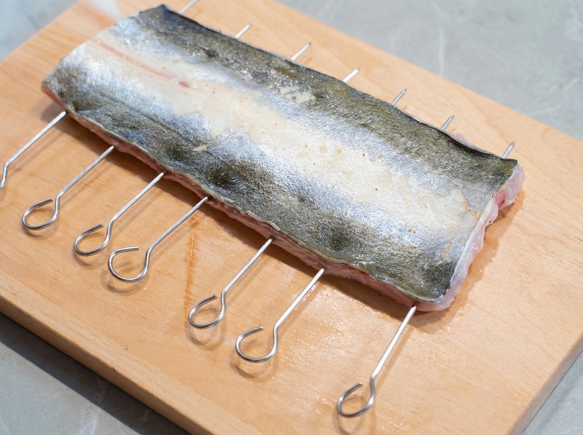 Scissors trimming the fins off the side of a prepared eel fillet on a wooden cutting board.