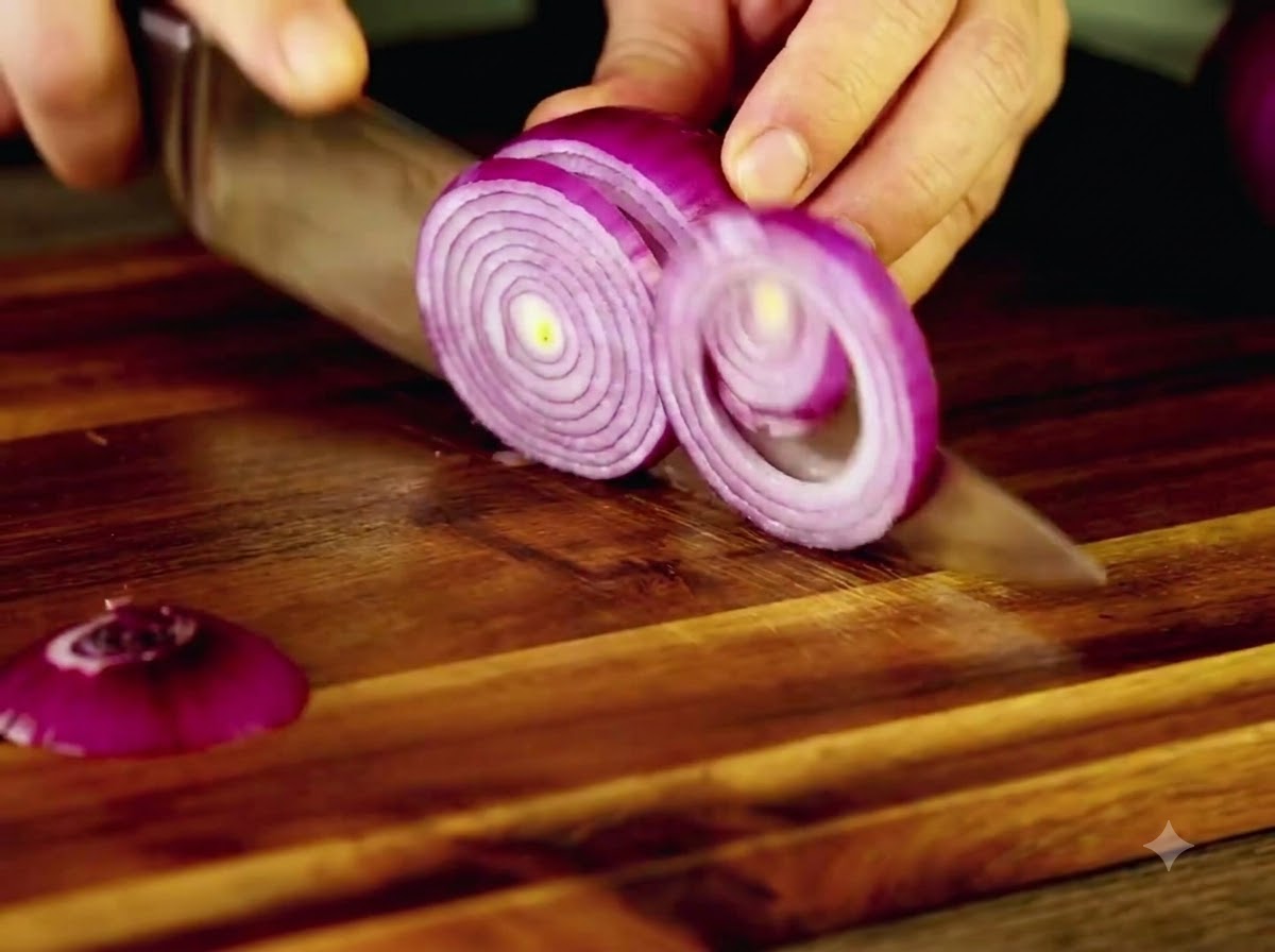 An eel fillet placed skin-side down over a bed of sliced red onions in a baking pan.