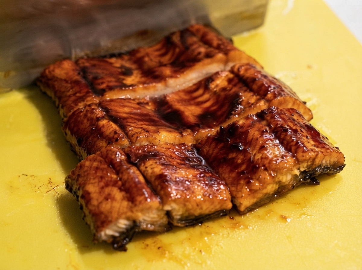 A knife slicing a glazed grilled eel into smaller portions on a green cutting board.