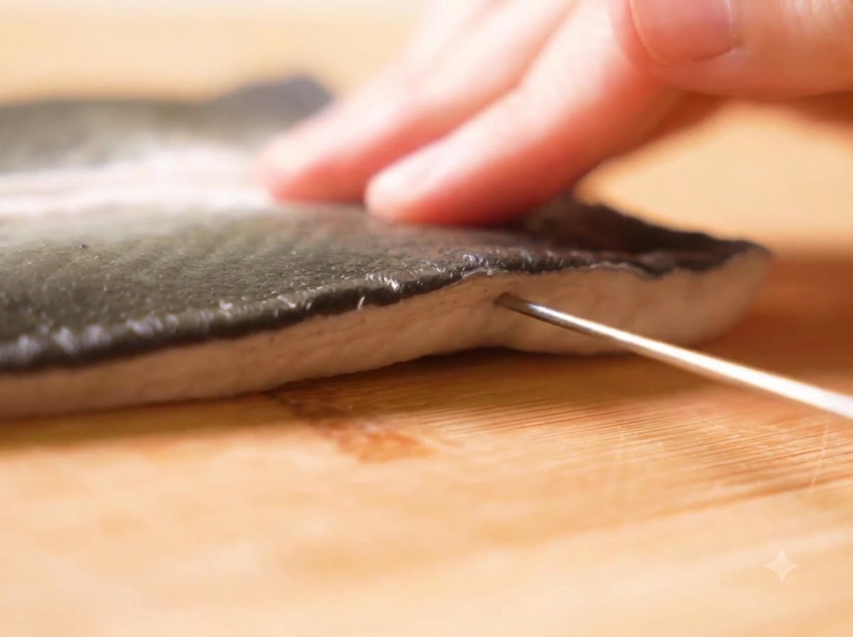 A close-up of a hand inserting a metal skewer horizontally through a thick piece of raw eel on a wooden board.