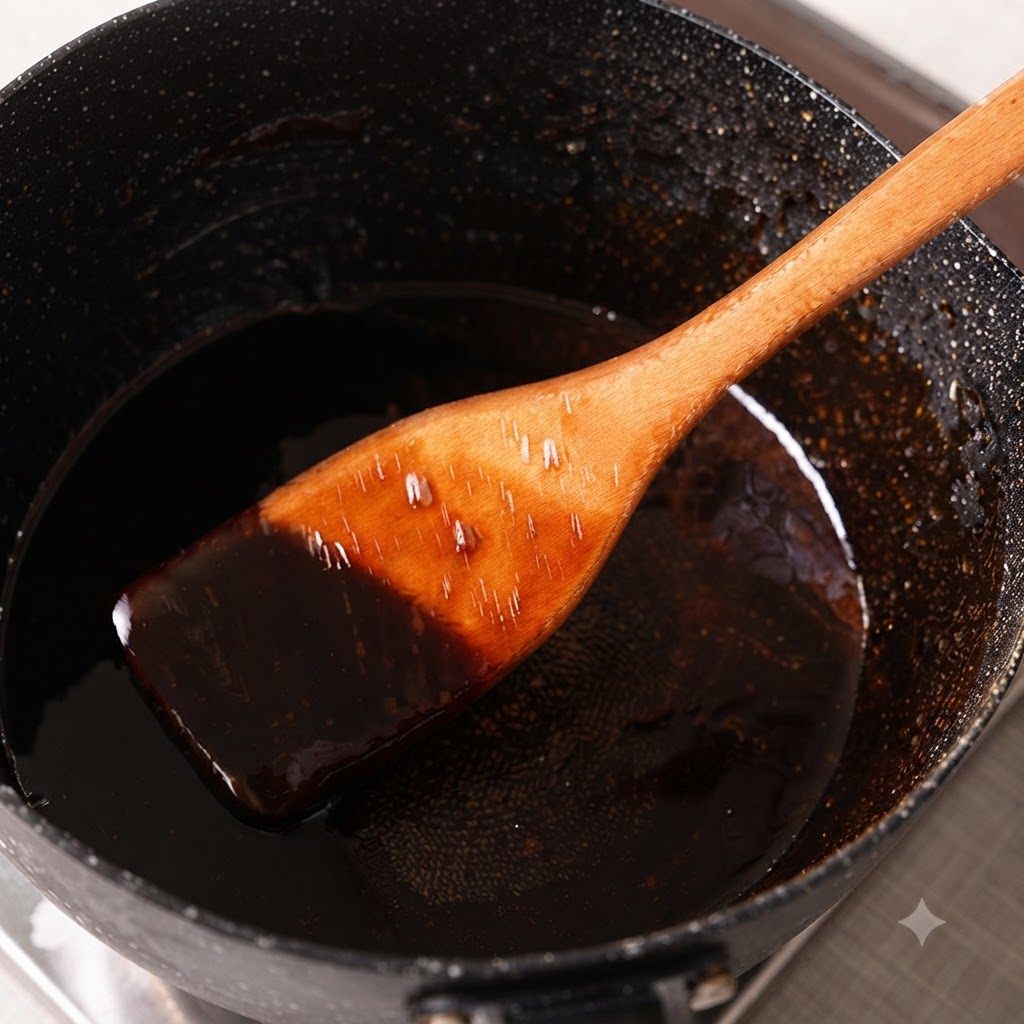 A wooden spatula stirring a thick, dark, glossy sauce in a black speckled pot.