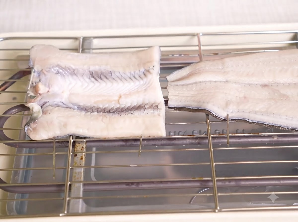 Two pieces of skewered, raw, butterflied eel placed on a metal grate over an electric grill.