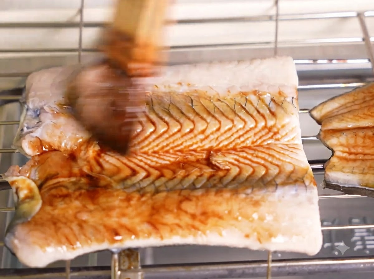 A basting brush applying a dark, glossy glaze over a piece of grilling eel on a metal rack.
