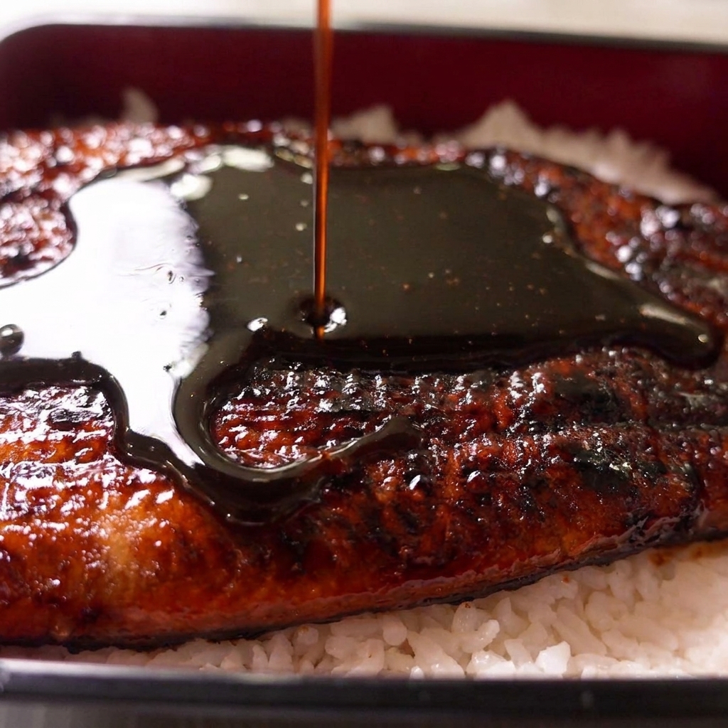 Thick dark sauce being poured from above onto grilled eel served over white rice inside a bento box.