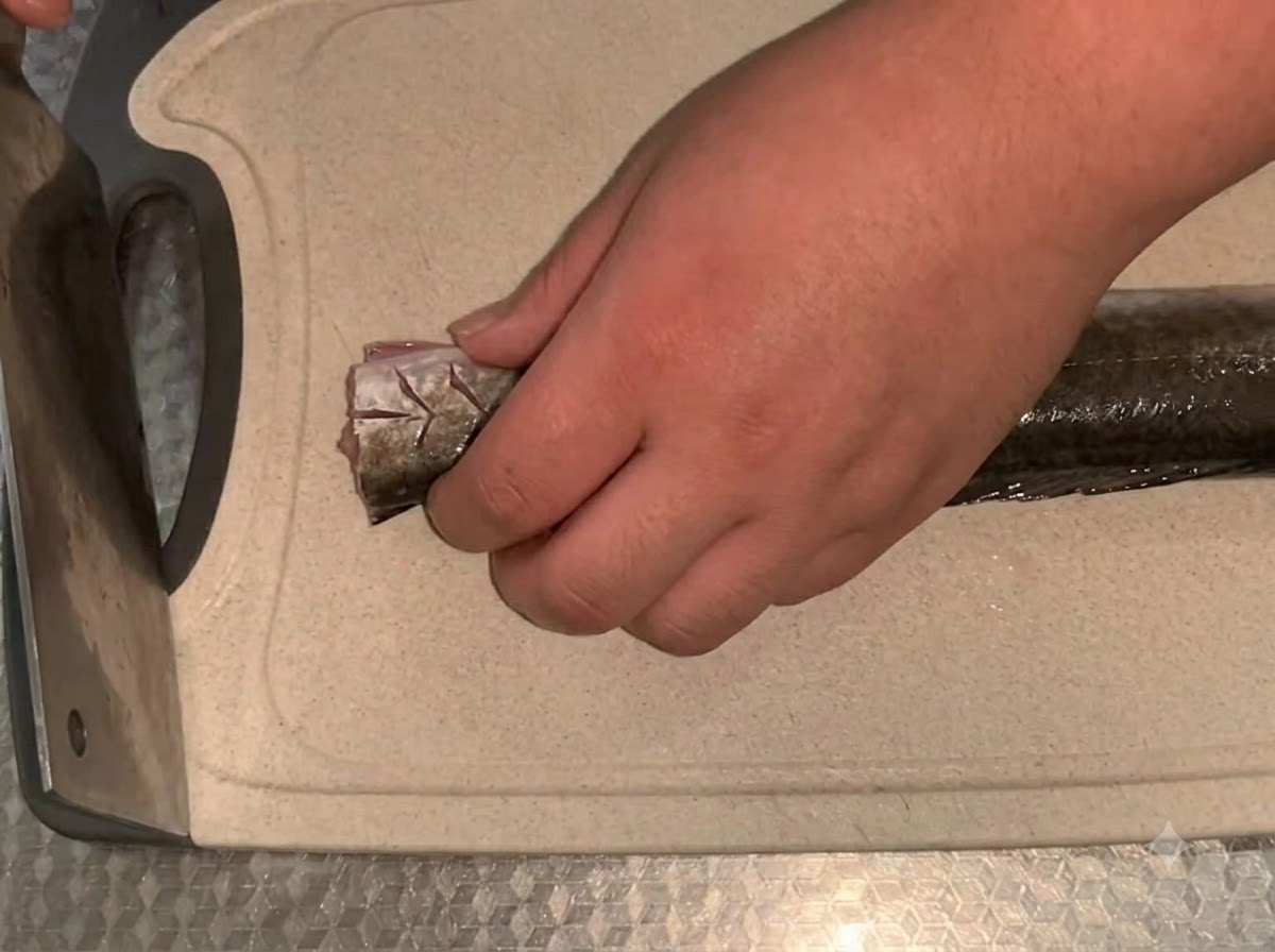 A cleaver slicing open the belly of a raw eel on a cutting board to remove the bones.