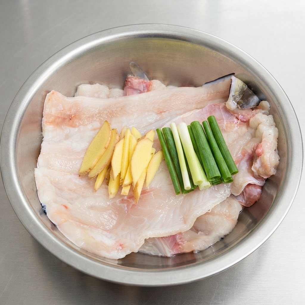 A metal bowl containing raw eel fillets topped with freshly sliced ginger and green scallion segments.