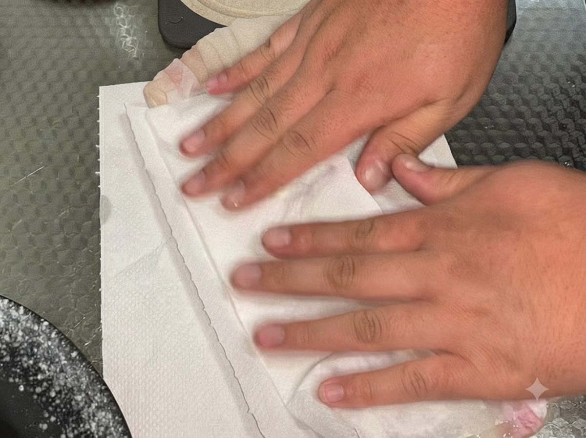Hands pressing white kitchen paper towels onto marinated raw eel fillets to absorb excess moisture.