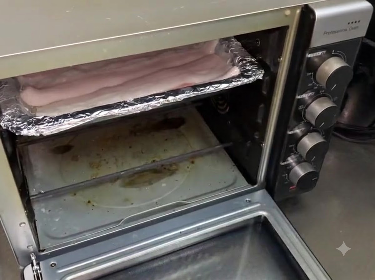 The baking tray containing the eel being placed inside an open home oven.