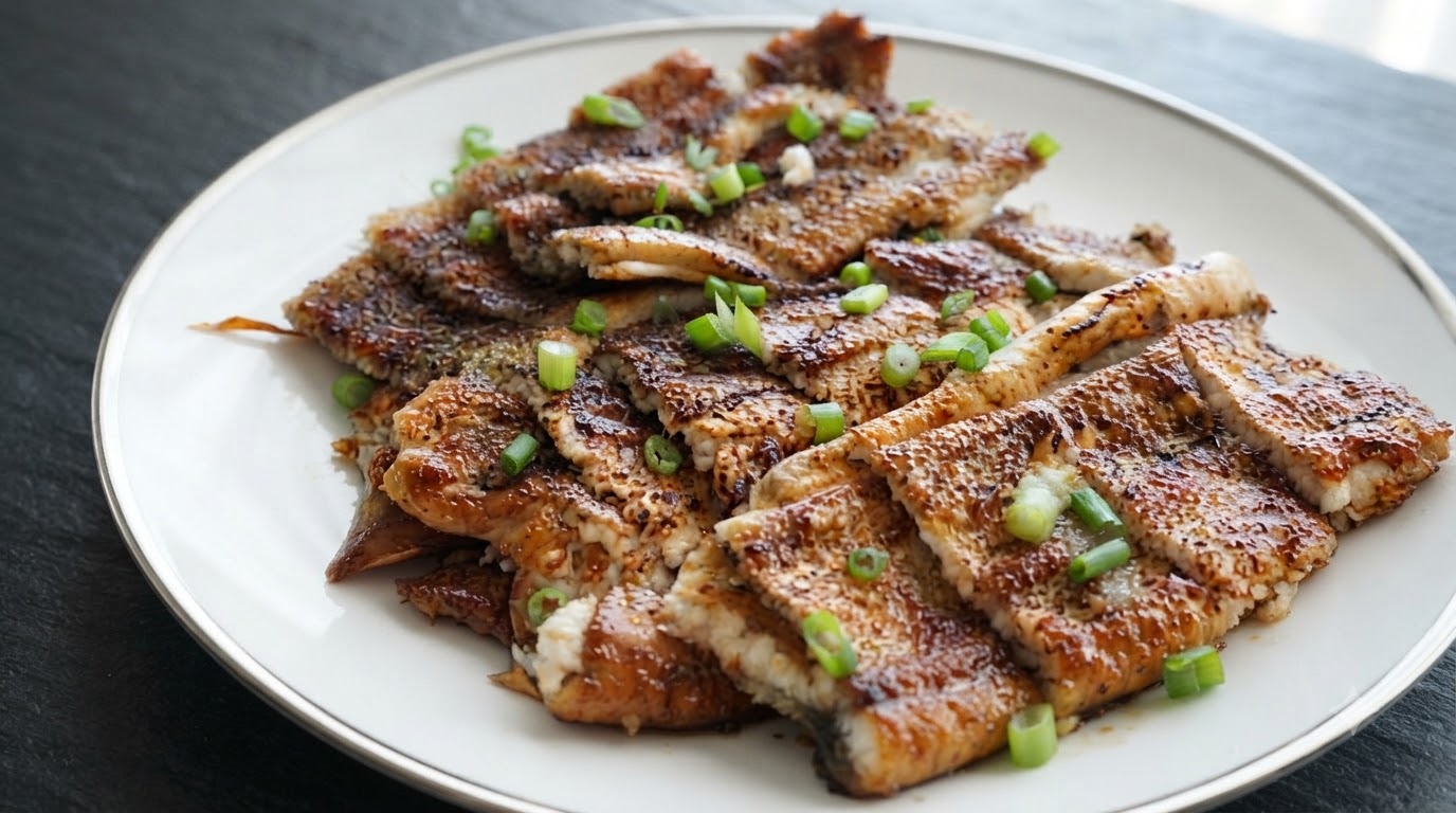 Sliced, caramelized oven-baked eel garnished with fresh green onions on a white plate.