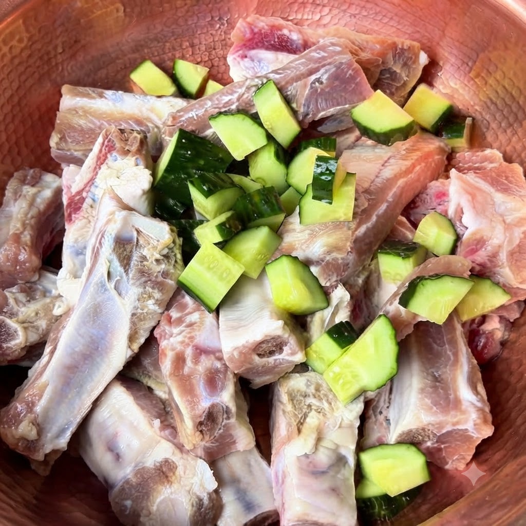 Chopped cucumber pieces, green scallions, ginger, and red chili flakes distributed evenly over pork ribs inside a copper bowl.