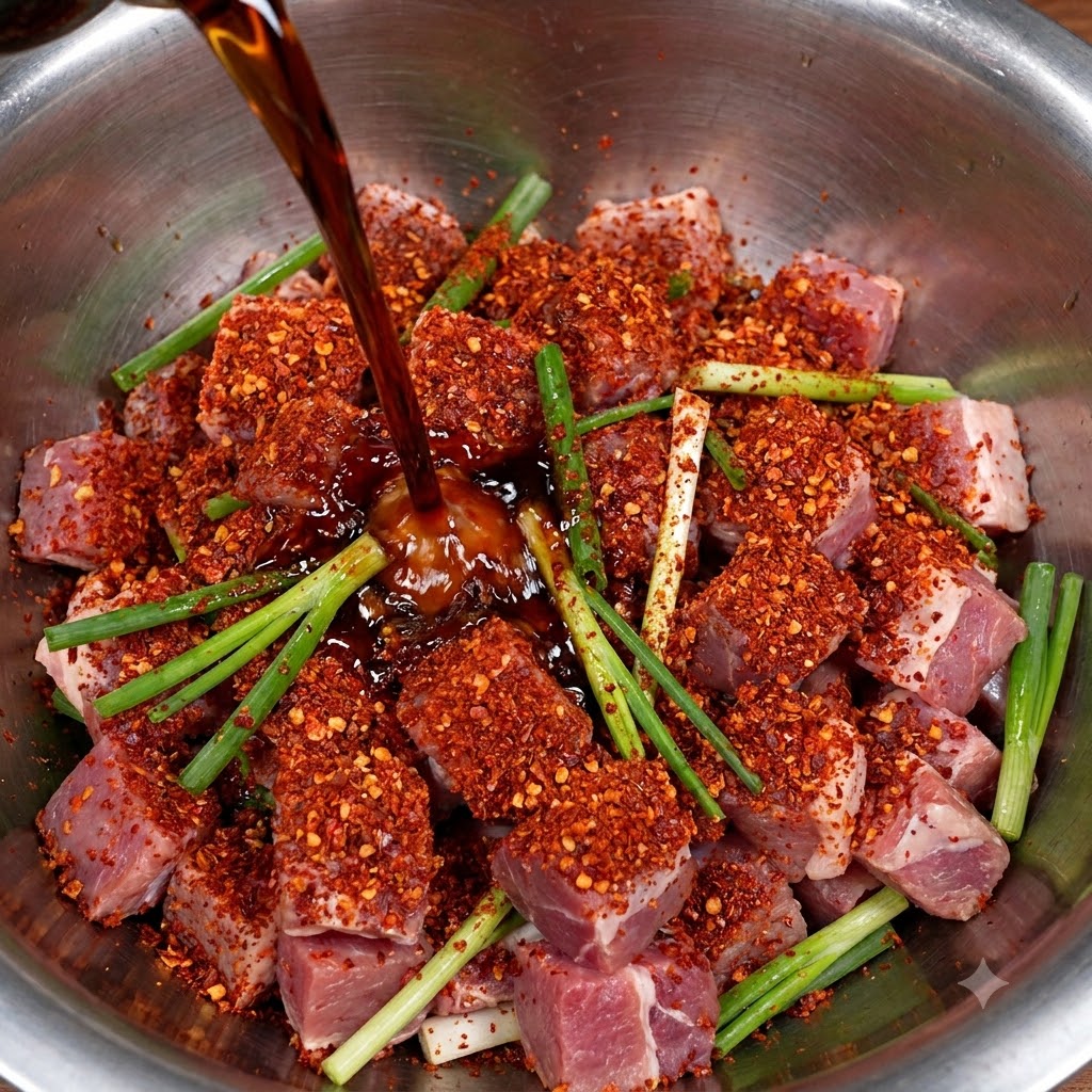 Dark cooking wine being poured from a container directly onto the bowl of ribs and spices.