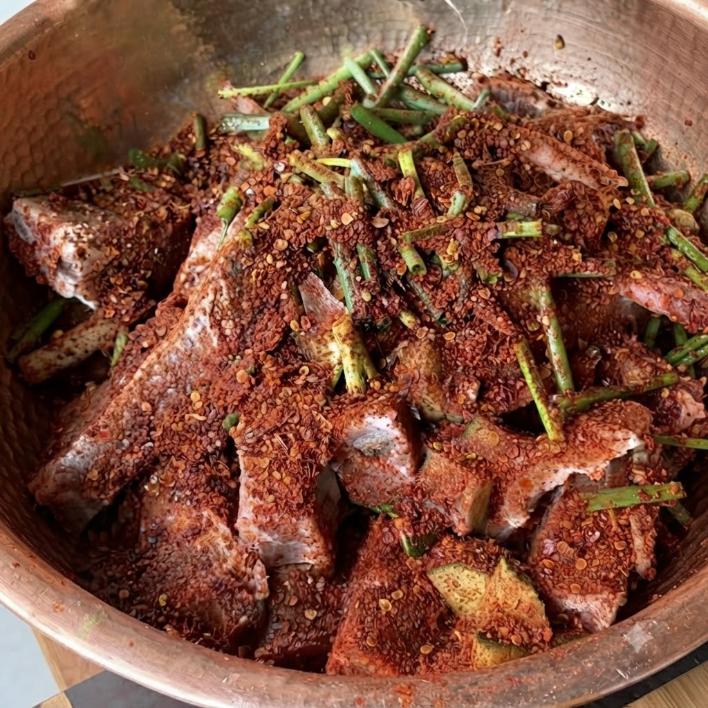 Dark oyster sauce being added to the seasoned rib mixture.