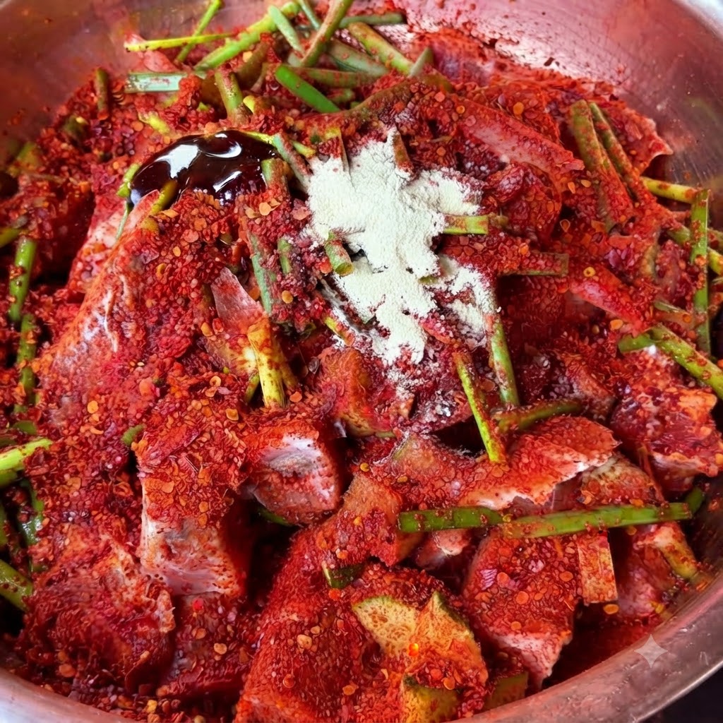 A scoop of white pepper powder resting on top of the heavily spiced and seasoned ribs.