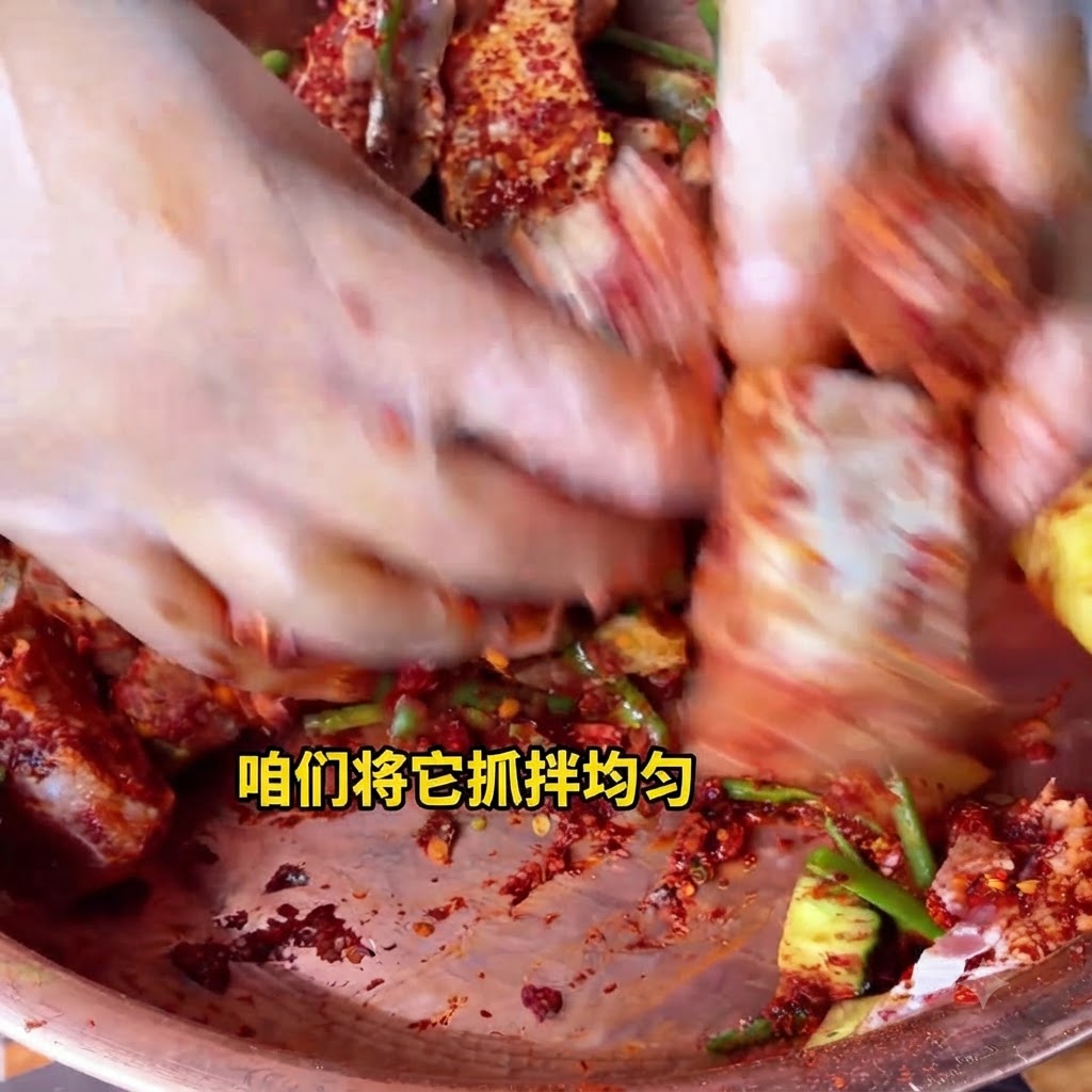 Hands actively mixing and massaging the seasoned pork ribs inside a copper bowl.