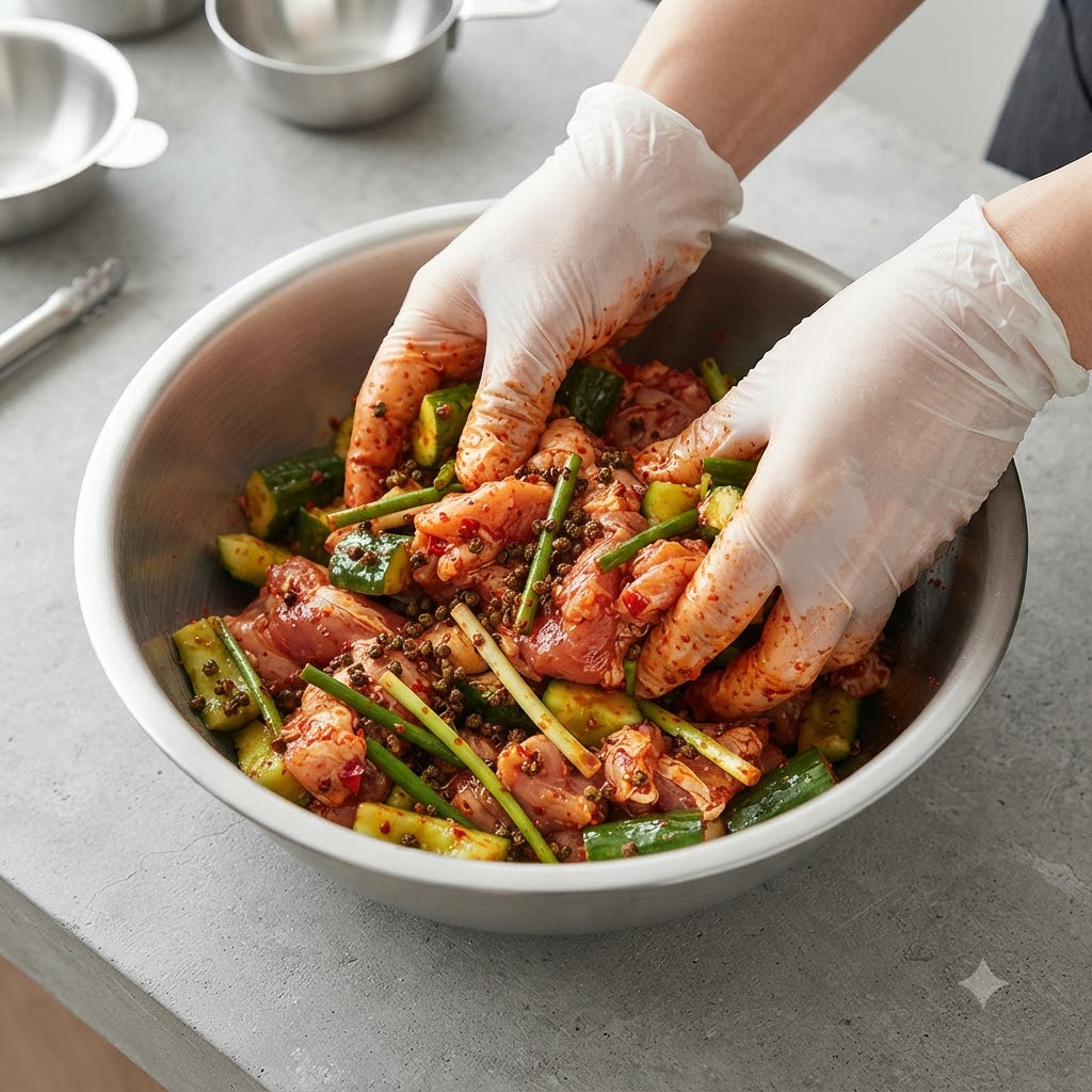 A pair of gloved hands mixing the seasoned meat and vegetables inside a large metal bowl.