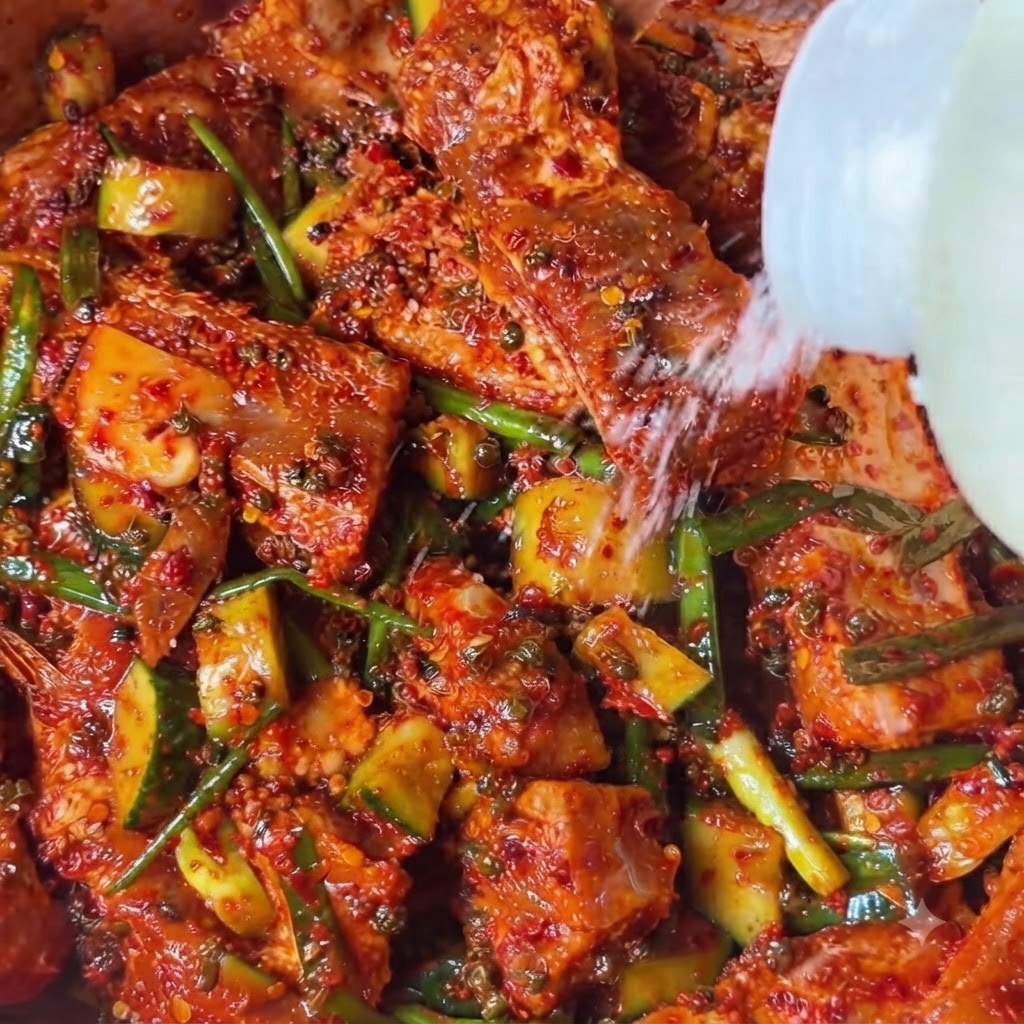 White sugar being sprinkled from a bottle onto the red marinated rib pieces.