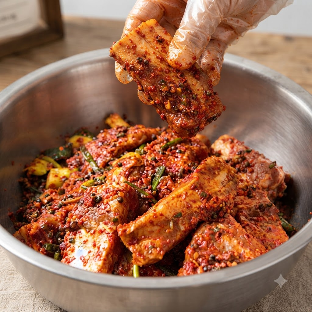 A gloved hand holding a seasoned pork rib piece above a bowl of similar marinated pieces.